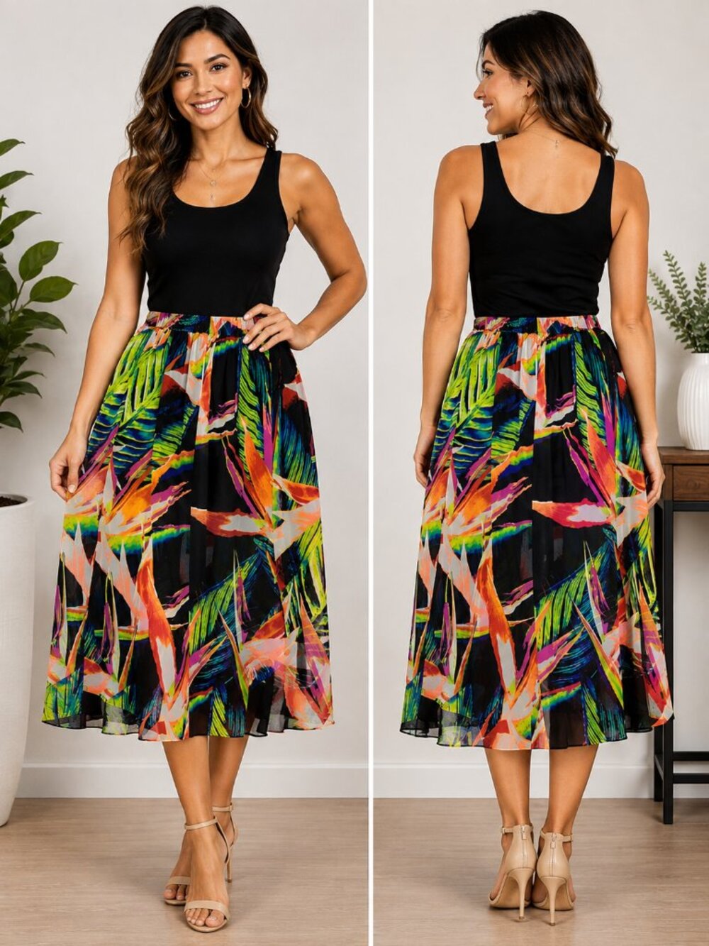 Worthington Women’s XL Tropical Print Maxi Skirt Sheer Overlay Black Lined